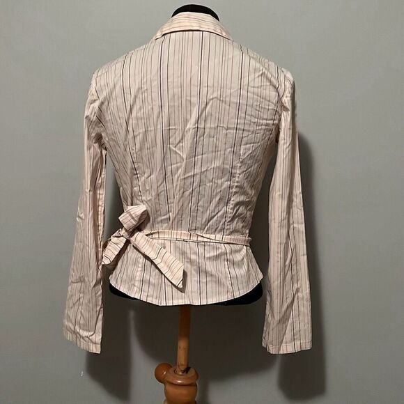 LOB Collection Women's Cream Long Sleeve Striped Wrap Blouse Size Medium - Picture 5 of 10